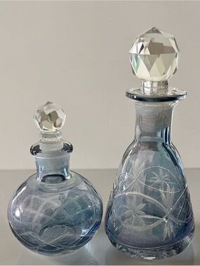 Two Bohemian Cut To Clear Pattern Perfume Bottles Crystal Glass Stoppers Blue